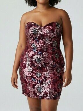 NWT Mackie Sequin Floral Mini Dress in Deep Wine and Pink Size Woman's 20 2X